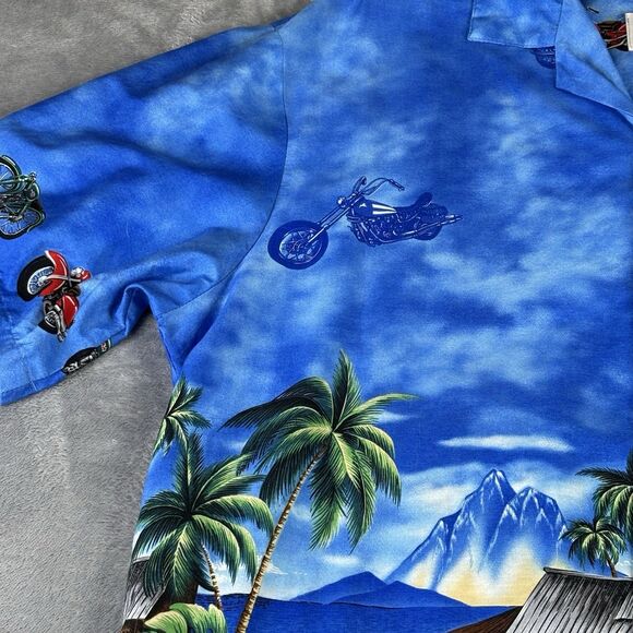 Vintage KY's Hawaiian Shirt Men's L‎ Motorcycle Ocean Mountain Beach Hut Scene - Picture 15 of 15
